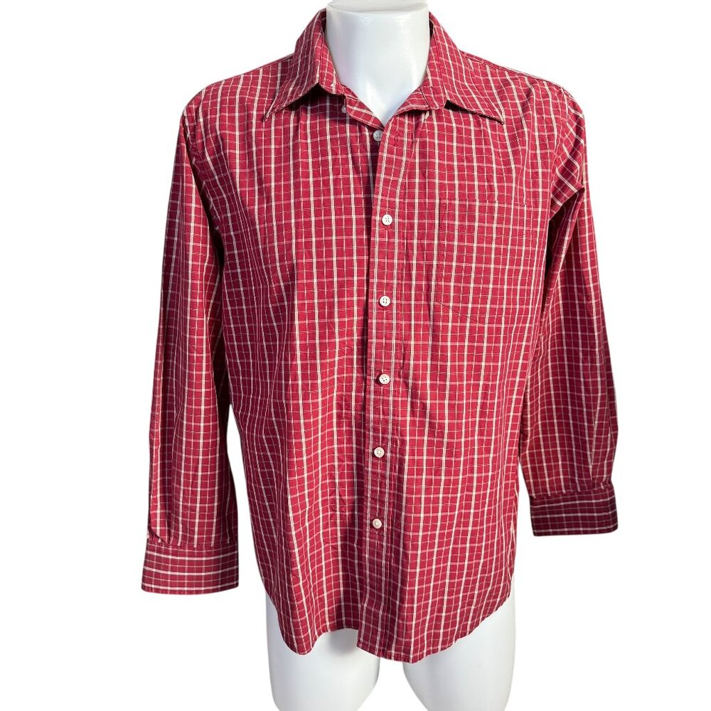 Dockers L 16-16 1/2 red and white plaid long sleeve collared button down shirt